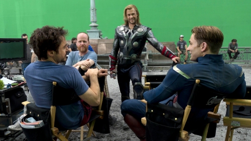 Courtesy Walt Disney Pictures Robert Downey Jr., Joss Whedon, Chris Hemsworth and Chris Evans enjoy a relaxed moment during shooting of "Marvel's The Avengers." 