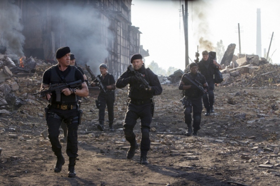Phil Bray/Lionsgate Publicity (From left to right) Barney Ross (Sylvester Stallone), Toll Road (Randy Couture), Galgo (Antonio Banderas), Lee Christmas (Jason Statham), Doc (Wesley Snipes), and Gunner Jensen (Dolph Lundgren) in "THE EXPENDABLES 3."