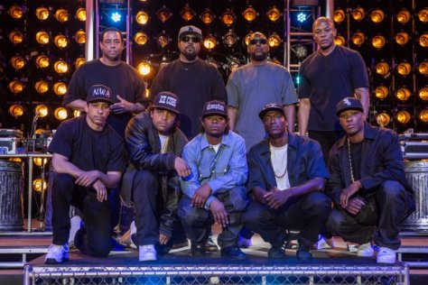 (Clockwise from top left) DJ YELLA, ICE CUBE, MC Ren, DR. DRE, COREY HAWKINS as Dr. Dre, ALDIS HODGE as MC Ren, JASON MITCHELL as Eazy-E, O?SHEA JACKSON, JR. as Ice Cube and NEIL BROWN, JR. as DJ Yella on the set of ?Straight Outta Compton?. Taking us back to where it all began, the film tells the true story of how these cultural rebels?armed only with their lyrics, swagger, bravado and raw talent?stood up to the authorities that meant to keep them down and formed the world?s most dangerous group, N.W.A.